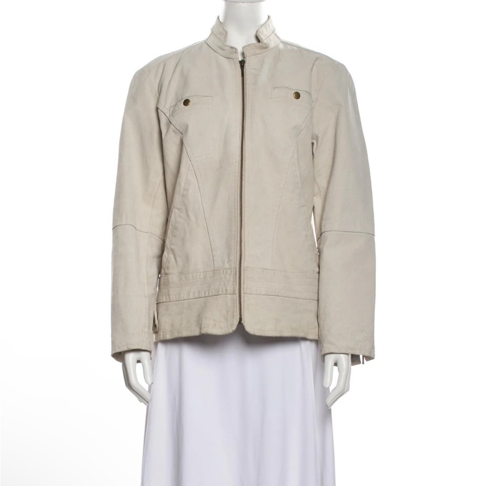 Chico’s Moto Collarless SUEDE COALESCE ECHELON OUTERWEAR Jacket in BIRCH Size L
